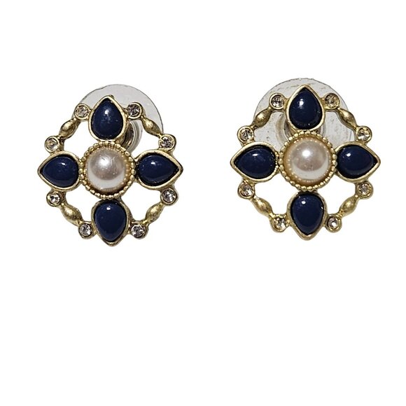 Elegant Retro Faux Pearl Blue Stone Rhinestone Gold Tone Earrings Jewelry - Picture 4 of 5